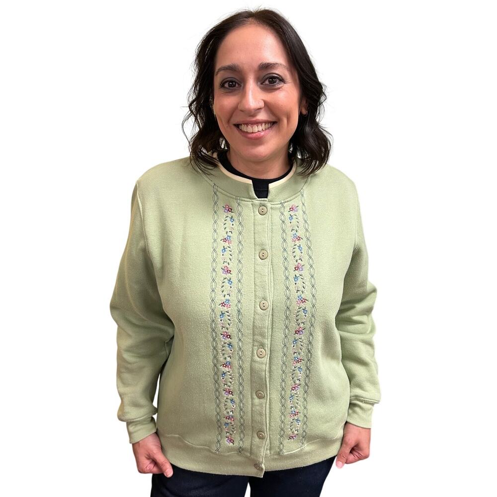 Vintage 90s Shenanigans Sage Green Embroidered Cottagecore Granny Sweater